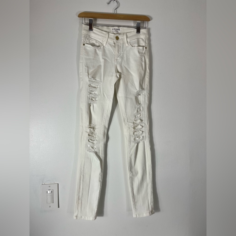 FRAME Denim White Distressed Le Skinny Jeans Womens Waist Size 24